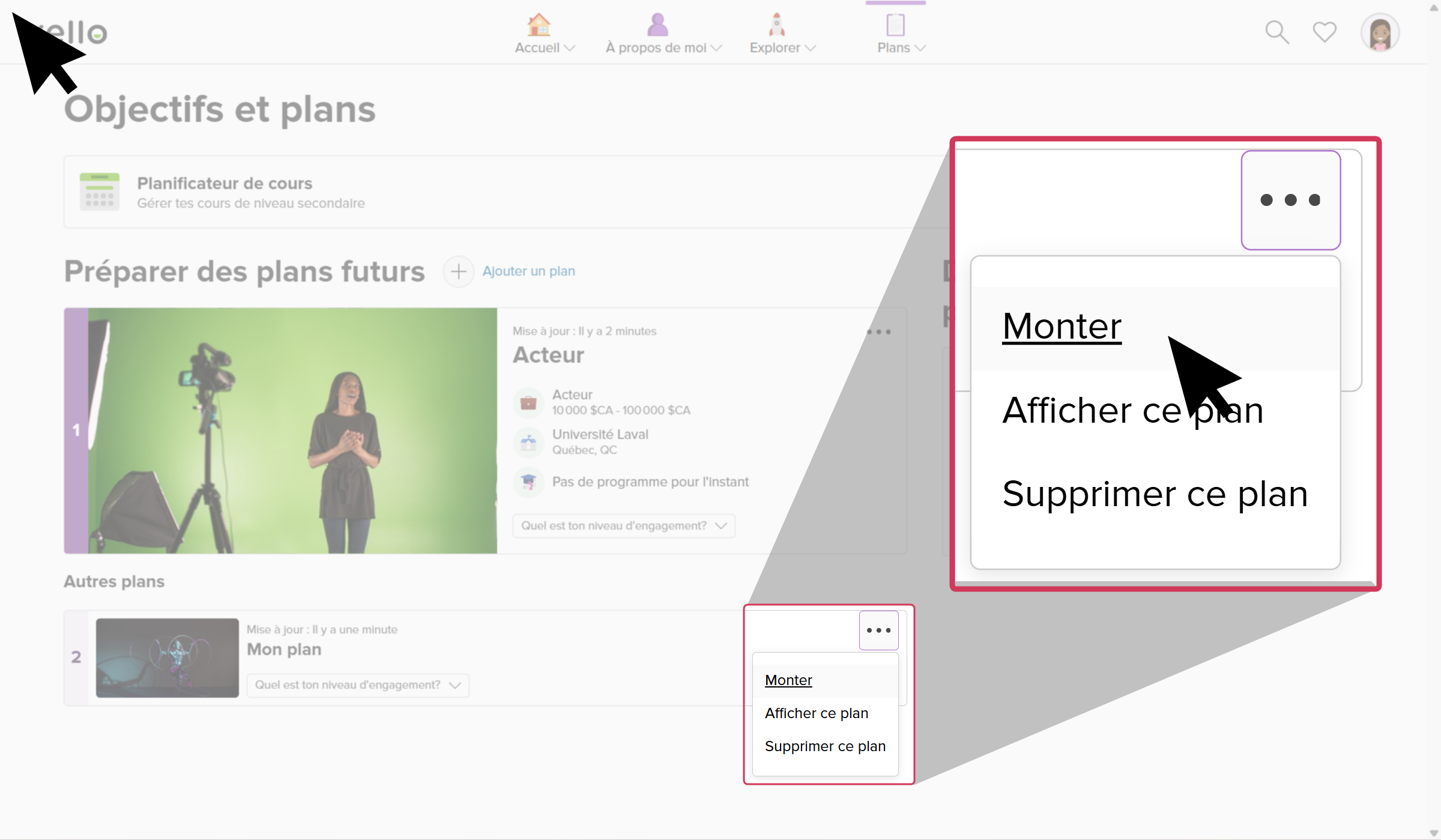 Click to enlarge Student account in Xello on the Goals & Plans page. There are two plans. The cursor has clicked the three-dot menu on one and is selecting Move up.